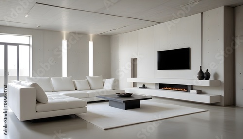 High end modern living room with white leather couch and a large flat screen tv mounted on the wall, brutalist architecture mixed with modern futuristic minimal design