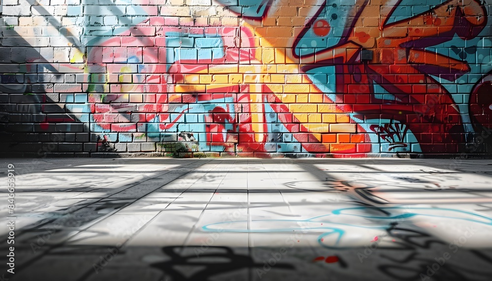 Fototapeta premium Colorful graffiti on the walls with shadows and sunlight. background for product phorography