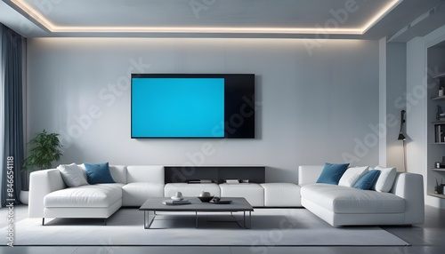 High end modern living room with white leather couch and a large flat screen tv mounted on the wall, brutalist architecture mixed with modern futuristic minimal design