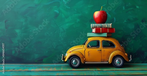 Retro toy car carrying books and apple on a green chalkboard, educational motif. Back to school concept. 