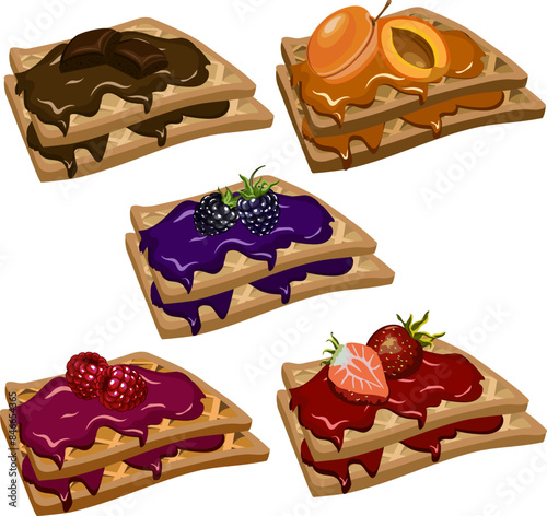 Waffles with jam and berries.Vector set of waffles with jam, berries and chocolate on a transparent background.