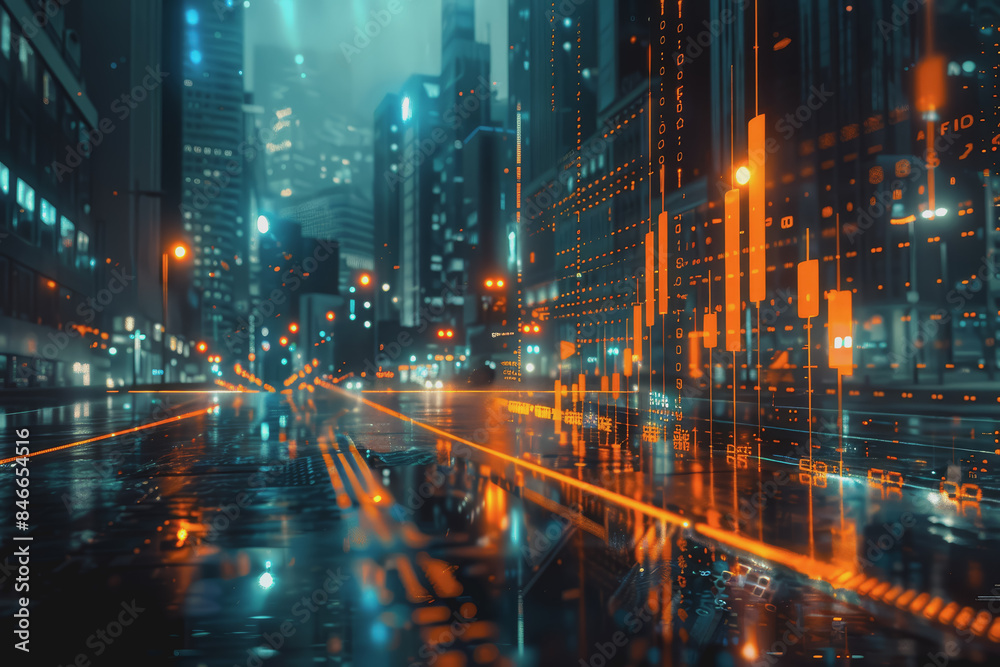 Financial chart graph shining in the city with business and blurred night scene in the background. Financial chart graph shining in the city with business and blurred night scene in the background.