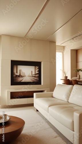 High end modern living room with white leather couch and a large flat screen tv mounted on the wall, brutalist architecture mixed with modern futuristic minimal design