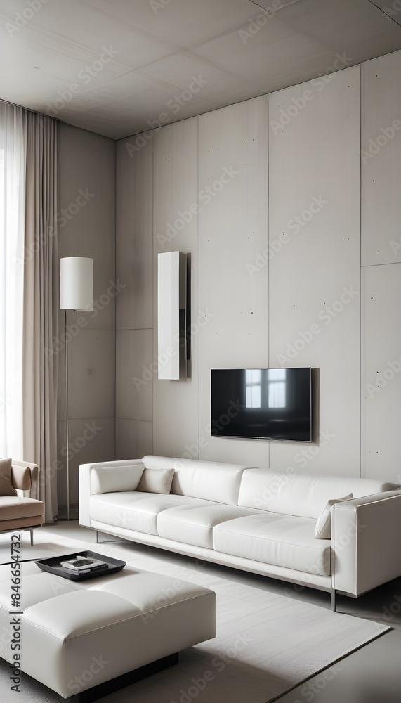 Fototapeta premium High end modern living room with white leather couch and a large flat screen tv mounted on the wall, brutalist architecture mixed with modern futuristic minimal design