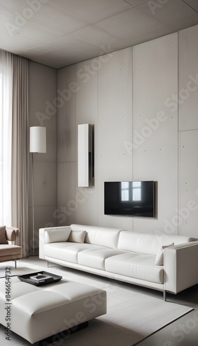 High end modern living room with white leather couch and a large flat screen tv mounted on the wall, brutalist architecture mixed with modern futuristic minimal design