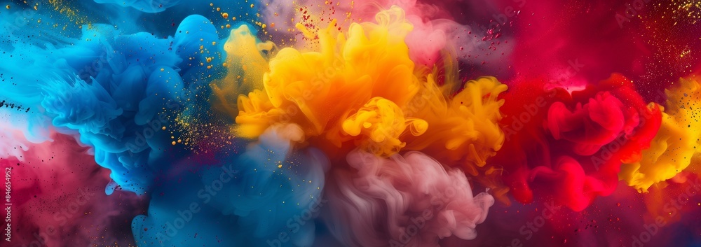 Obraz premium Dramatic visual of blue and red smoke with yellow paint splatters on black, capturing the essence of a vibrant explosion.