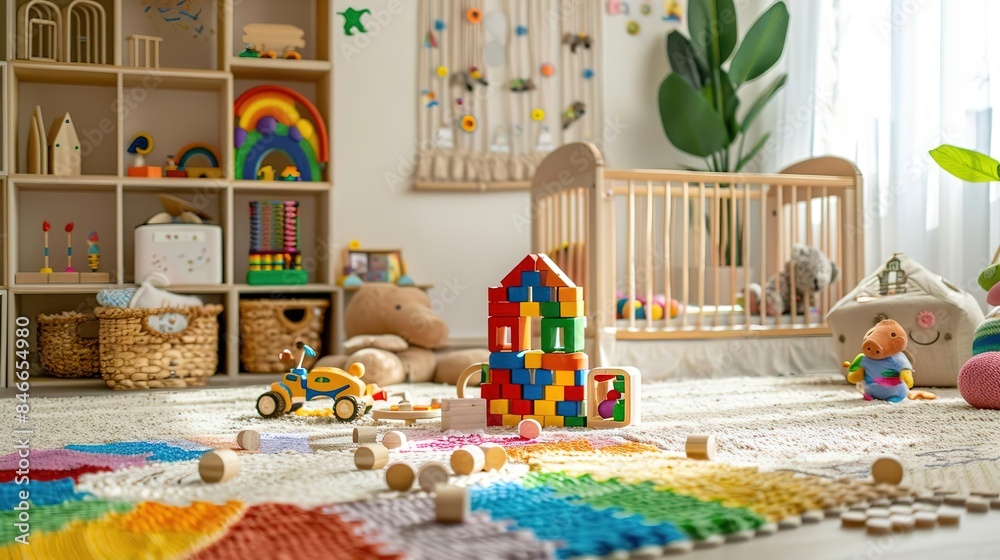 Naklejka premium Frontal Angle: A nursery room decorated with a fairy tale theme, featuring elements like a castle-shaped crib, fairy tale characters on the walls, and soft, magical lighting