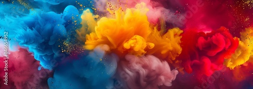 Dramatic visual of blue and red smoke with yellow paint splatters on black, capturing the essence of a vibrant explosion. © Zeenat