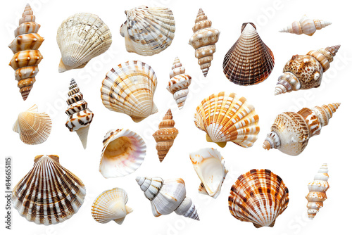 A collection of various sea shells showcasing different shapes, sizes, and colors. Perfect for beach, nature, and marine-themed projects.