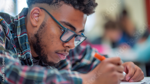 Close-up of a male student working on a class assignment