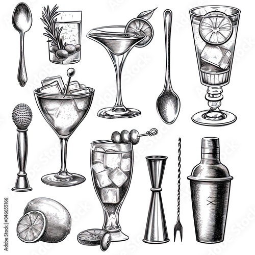 Cocktail bar tools and equipment sketch illustration