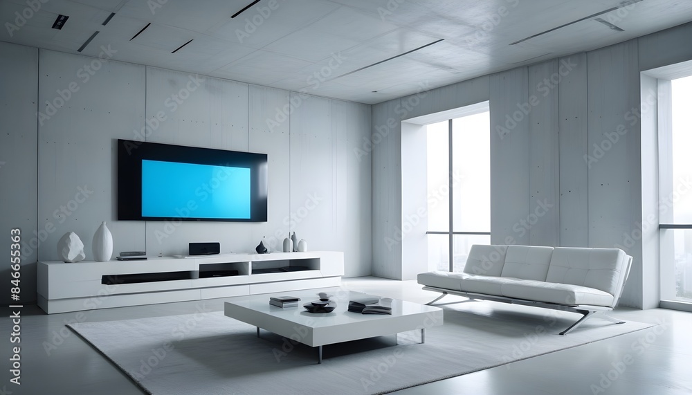 High end modern living room with white leather couch and a large flat screen tv mounted on the wall, brutalist architecture mixed with modern futuristic minimal design High end modern living room with white leather couch and a large flat screen tv mounted on the wall, brutalist architecture mixed with modern futuristic minimal design
