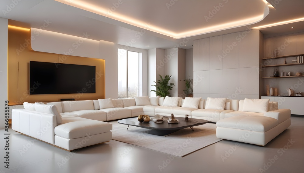 High end modern living room with white leather couch and a large flat screen tv mounted on the wall, brutalist architecture mixed with modern futuristic minimal design High end modern living room with white leather couch and a large flat screen tv mounted on the wall, brutalist architecture mixed with modern futuristic minimal design