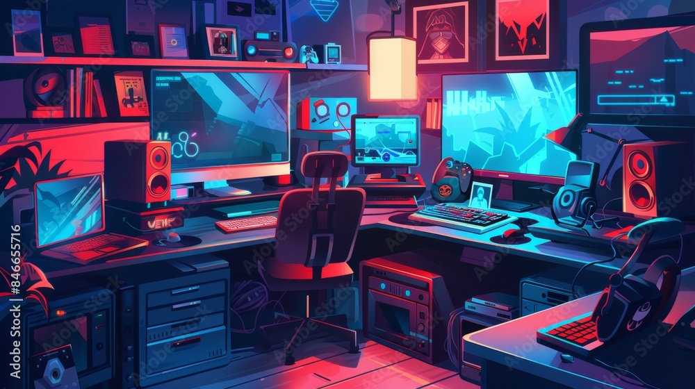 Fototapeta premium Creative Haven Indie Game Developer's Cozy Workspace with Blank Business Cards Game Art Code on Screens and Action Figures Inspiring and Productive Environment for Designing Unique Games