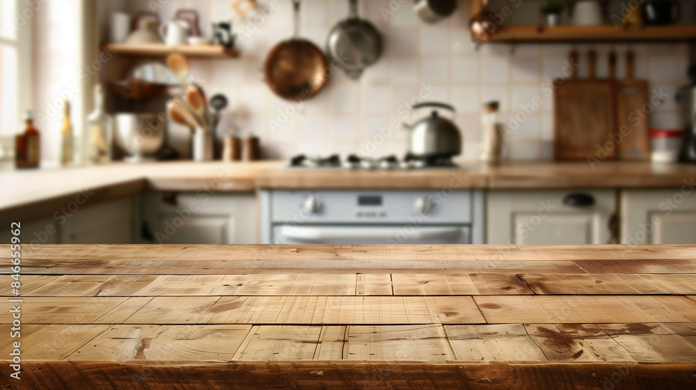 Wooden table on blurred kitchen bench background. Empty wooden table and blurred kitchen background Wooden table on blurred kitchen bench background. Empty wooden table and blurred kitchen background