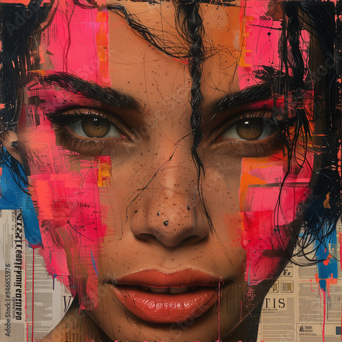 Vibrant Abstract Portrait of a Woman on Newspaper Background