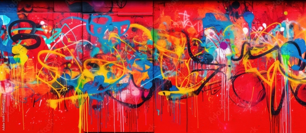 Fototapeta premium Vibrantly colored graffiti adorning a wall offers a captivating close-up of an abstract painting on a red background, ideal for a copy space image.