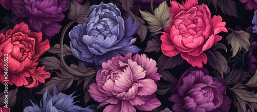Vintage summer seamless pattern featuring garden peonies in blue and pink shades on a black background, perfect as a template for fabrics, papers, or interior decoration with ample copy space image.