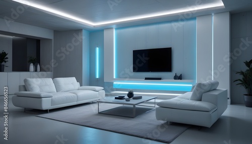 High end modern living room with white leather couch and a large flat screen tv mounted on the wall, brutalist architecture mixed with modern futuristic minimal design