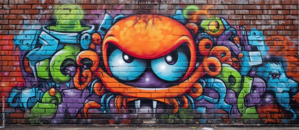 Obraz premium Fragment of street art graffiti on weathered brick wall featuring a menacing octopus face, colorful abstract design, unwritten letters, and a cartoon character, ideal for a copy space image.
