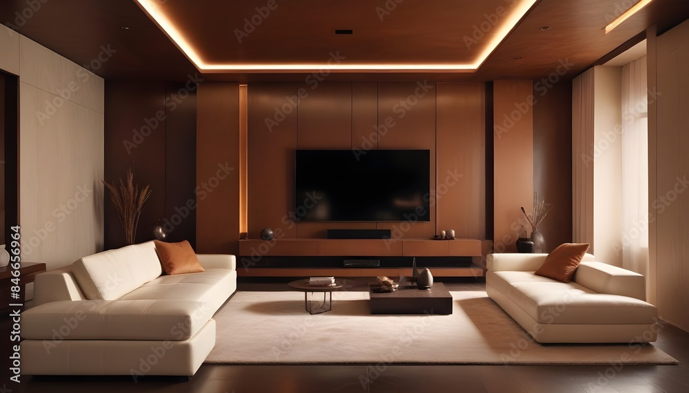Fototapeta premium High end modern living room with white leather couch and a large flat screen tv mounted on the wall, brutalist architecture mixed with modern futuristic minimal design