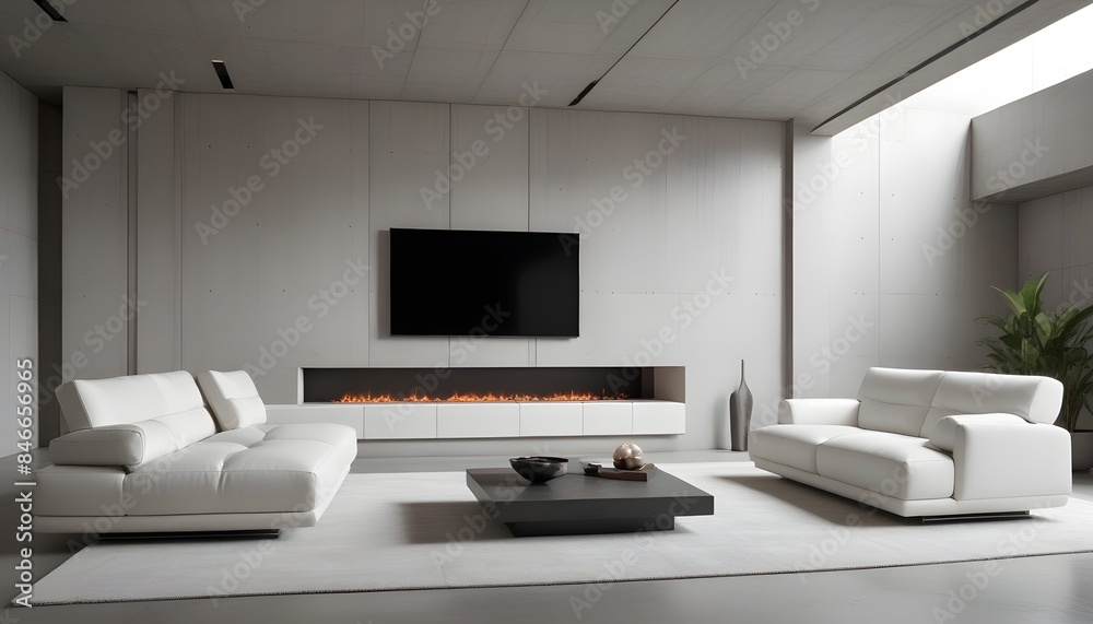 High end modern living room with white leather couch and a large flat screen tv mounted on the wall, brutalist architecture mixed with modern futuristic minimal design