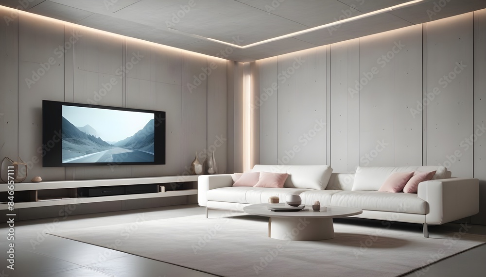 High end modern living room with white leather couch and a large flat screen tv mounted on the wall, brutalist architecture mixed with modern futuristic minimal design High end modern living room with white leather couch and a large flat screen tv mounted on the wall, brutalist architecture mixed with modern futuristic minimal design