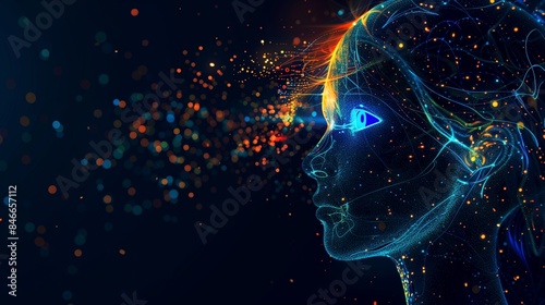 Side view of a humanoid head with blue and yellow eyes and vibrant neon neural network, representing futuristic technology and artificial intelligence. -- photo