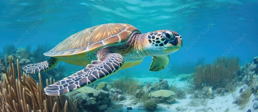Adult green sea turtle swimming over a shallow coral reef and sea grass bed in the turquoise ocean waters of Smith's Reef near Providenciales, Turks and Caicos Islands, with copy space image. Adult green sea turtle swimming over a shallow coral reef and sea grass bed in the turquoise ocean waters of Smith's Reef near Providenciales, Turks and Caicos Islands, with copy space image.