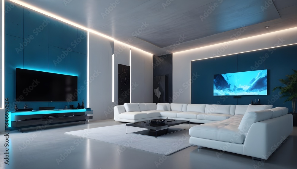 High end modern living room with white leather couch and a large flat screen tv mounted on the wall, brutalist architecture mixed with modern futuristic minimal design High end modern living room with white leather couch and a large flat screen tv mounted on the wall, brutalist architecture mixed with modern futuristic minimal design