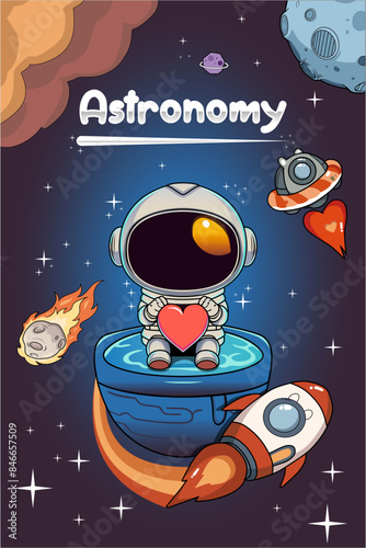 cute astronaut holding a heart in space around stars and planets photo