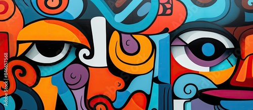 Fototapeta Naklejka Na Ścianę i Meble -  Close-up of colorful street art graffiti fragment with detailed contours and shading, featuring copy space image.