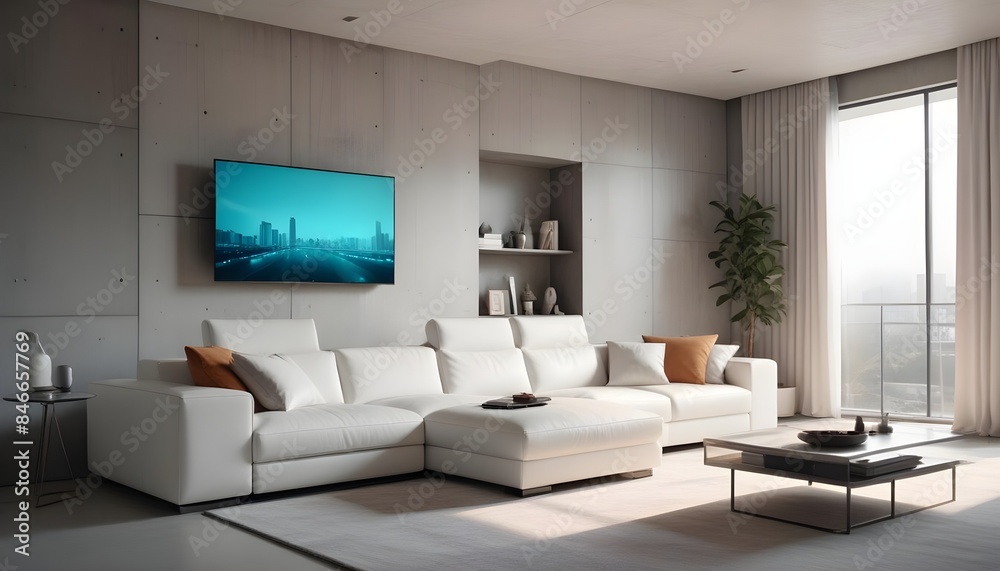High end modern living room with white leather couch and a large flat screen tv mounted on the wall, brutalist architecture mixed with modern futuristic minimal design High end modern living room with white leather couch and a large flat screen tv mounted on the wall, brutalist architecture mixed with modern futuristic minimal design