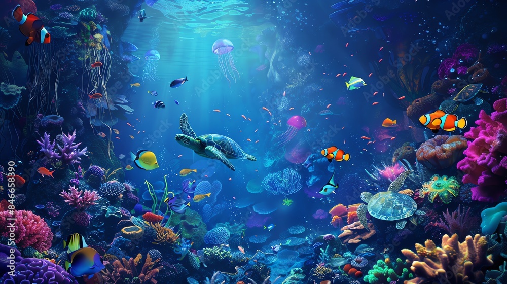 Underwater scene with a green sea turtle, clownfish, jellyfish, and a variety of other fish swimming around a coral reef.