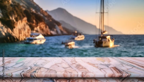 an empty marble Desk in front of a view of the sea and boats in the mediterranean beach background, Desk of free space and summer time on beach, sailboat in the bay photo