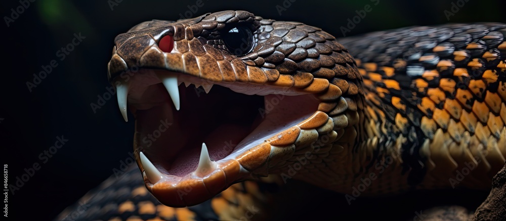 Fototapeta premium The dog-toothed cat snake, in a copy space image, is showing aggression toward people.