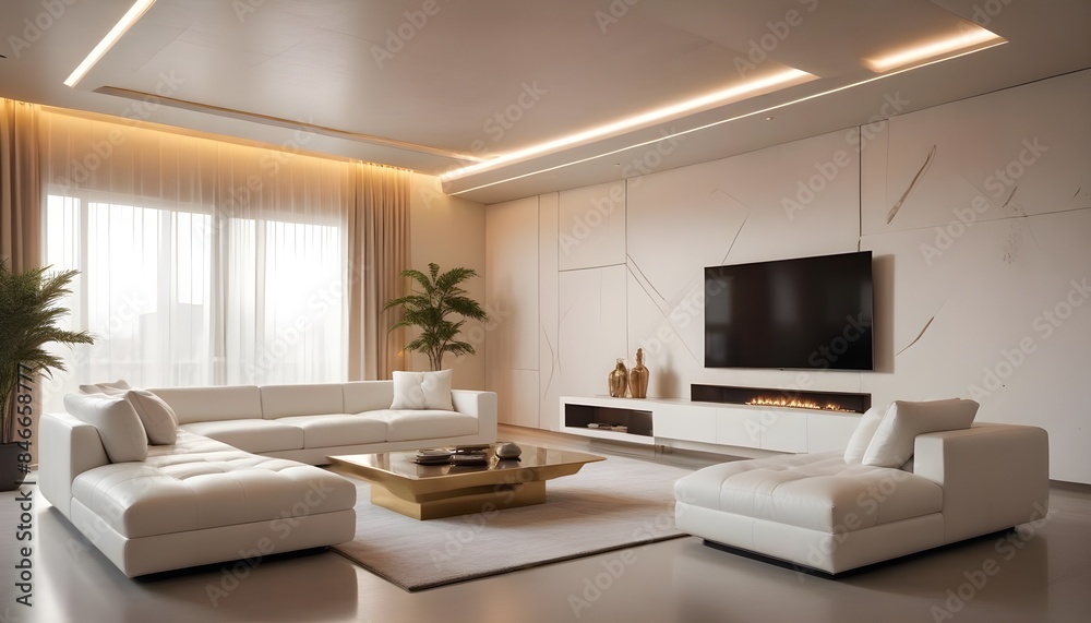 High end modern living room with white leather couch and a large flat screen tv mounted on the wall, brutalist architecture mixed with modern futuristic minimal design High end modern living room with white leather couch and a large flat screen tv mounted on the wall, brutalist architecture mixed with modern futuristic minimal design