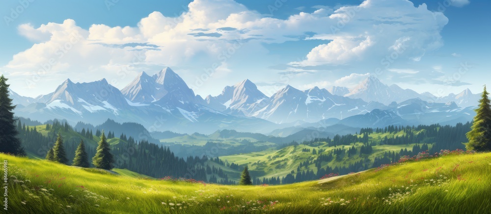 Scenic alpine mountains with meadows and forests under sunlight, creating an idyllic nature landscape with a beautiful panoramic view and copy space image. Scenic alpine mountains with meadows and forests under sunlight, creating an idyllic nature landscape with a beautiful panoramic view and copy space image.
