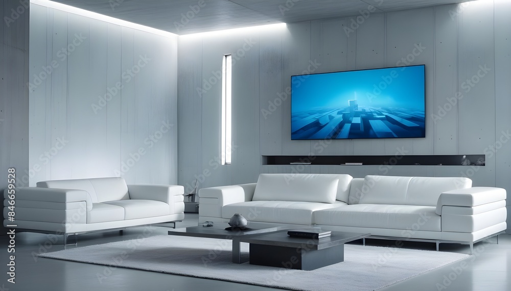 High end modern living room with white leather couch and a large flat screen tv mounted on the wall, brutalist architecture mixed with modern futuristic minimal design High end modern living room with white leather couch and a large flat screen tv mounted on the wall, brutalist architecture mixed with modern futuristic minimal design