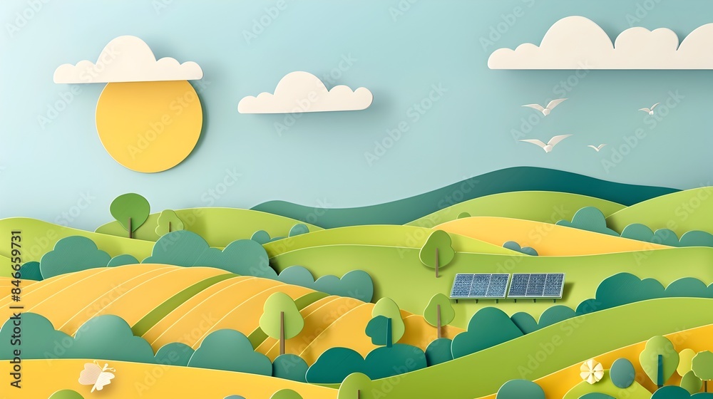 Peaceful solar panel array in a beautiful countryside landscape with hills and meadows under a sunny sky Peaceful solar panel array in a beautiful countryside landscape with hills and meadows under a sunny sky