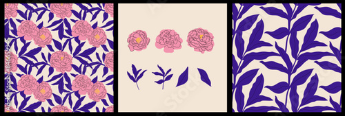 Collection of elements and patterns with peony. Vector seamless patterns with pink flowers. Vector peony with leaves isolated on background.