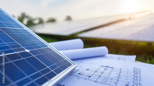 Construction project on the background of solar batteries, image of green energy