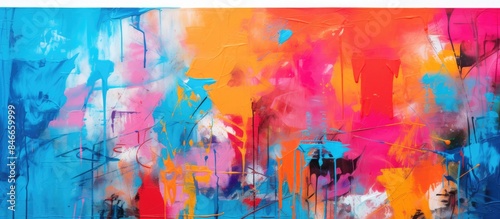 Abstract street wall art displaying a vibrant graffiti pattern with pink, yellow, red, orange, and blue colors on a concrete wall background with copy space image.