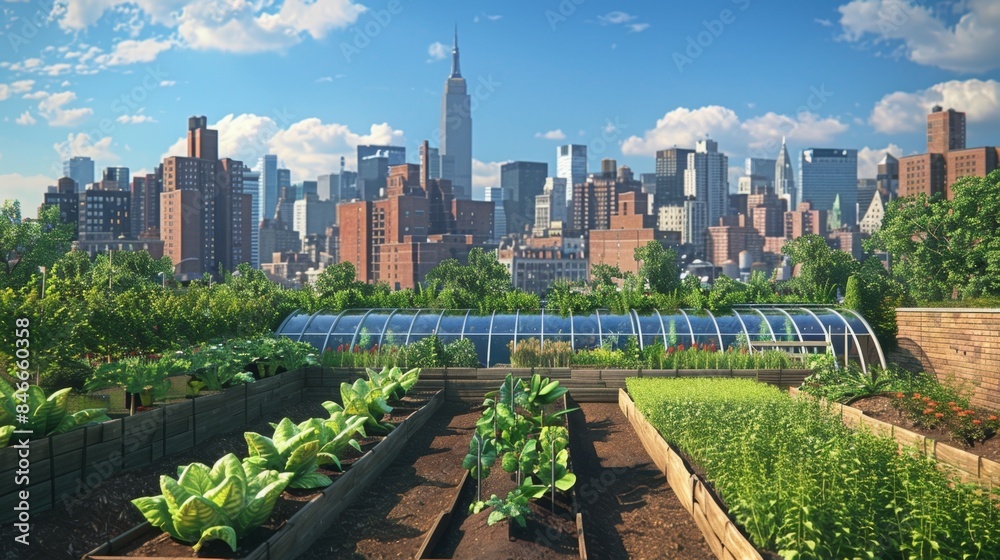 Fototapeta premium City Oasis Rooftop Urban Farming with Stunning Skyline Views Greenhouses and Business Cards Sustainable Agriculture in the Heart of the City