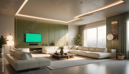 High end modern living room with white leather couch and a large flat screen tv mounted on the wall, brutalist architecture mixed with modern futuristic minimal design