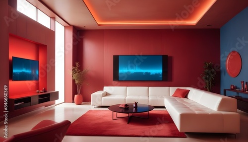 High end modern living room with white leather couch and a large flat screen tv mounted on the wall, brutalist architecture mixed with modern futuristic minimal design