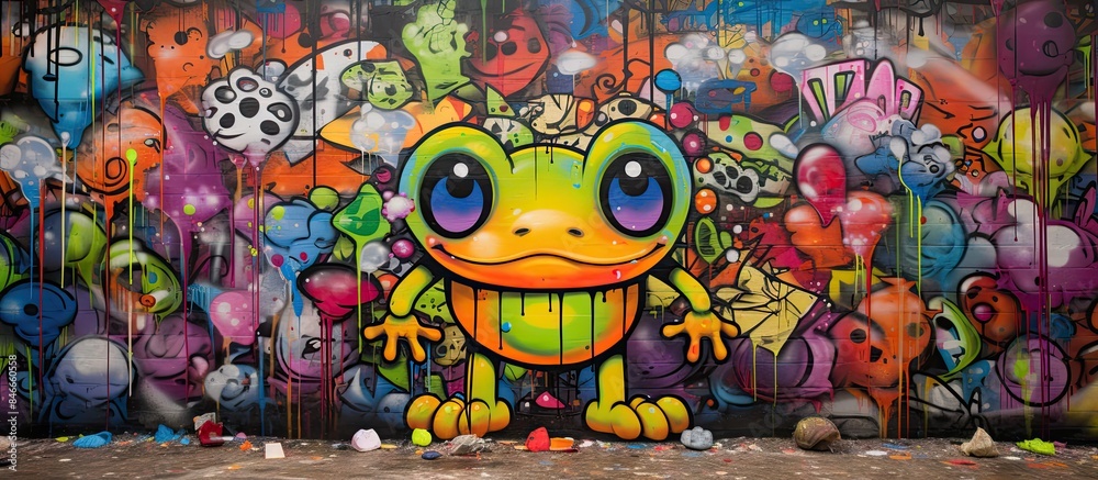 Graffiti street art featuring a cartoon frog and lollipop, creating an abstract background with copy space image.