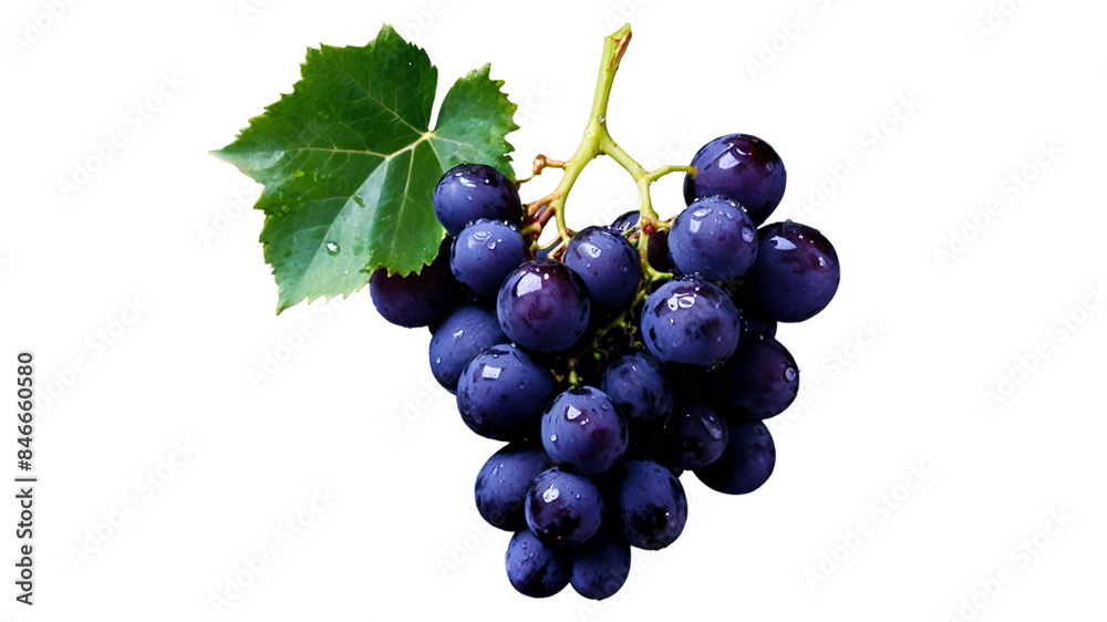 A bunch of black grapes that looks delicious has large leaves isolated on a transparent background A bunch of black grapes that looks delicious has large leaves isolated on a transparent background