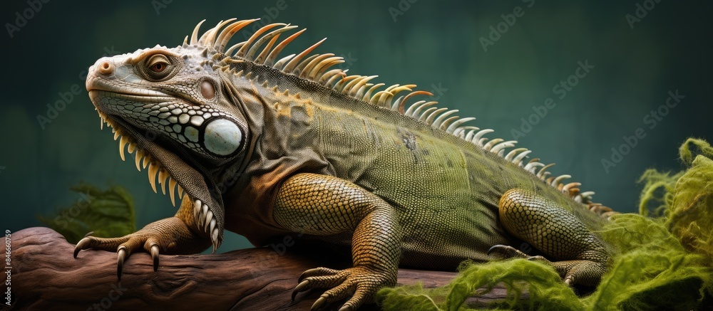 Fototapeta premium The iguana is a popular pet lizard, but demands considerable time and careful attention, as indicated by the copy space image.