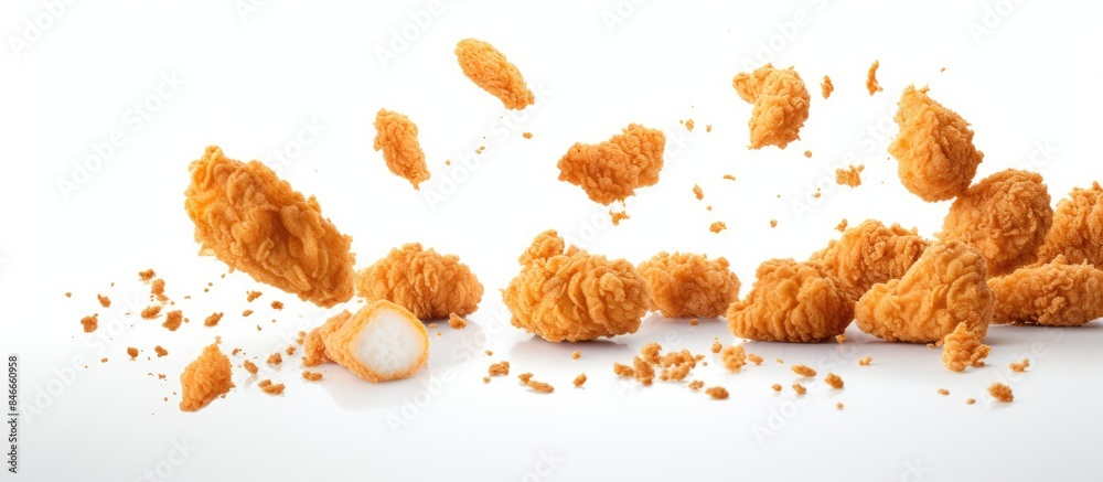 Popcorn chicken falling with copy space image on white background.